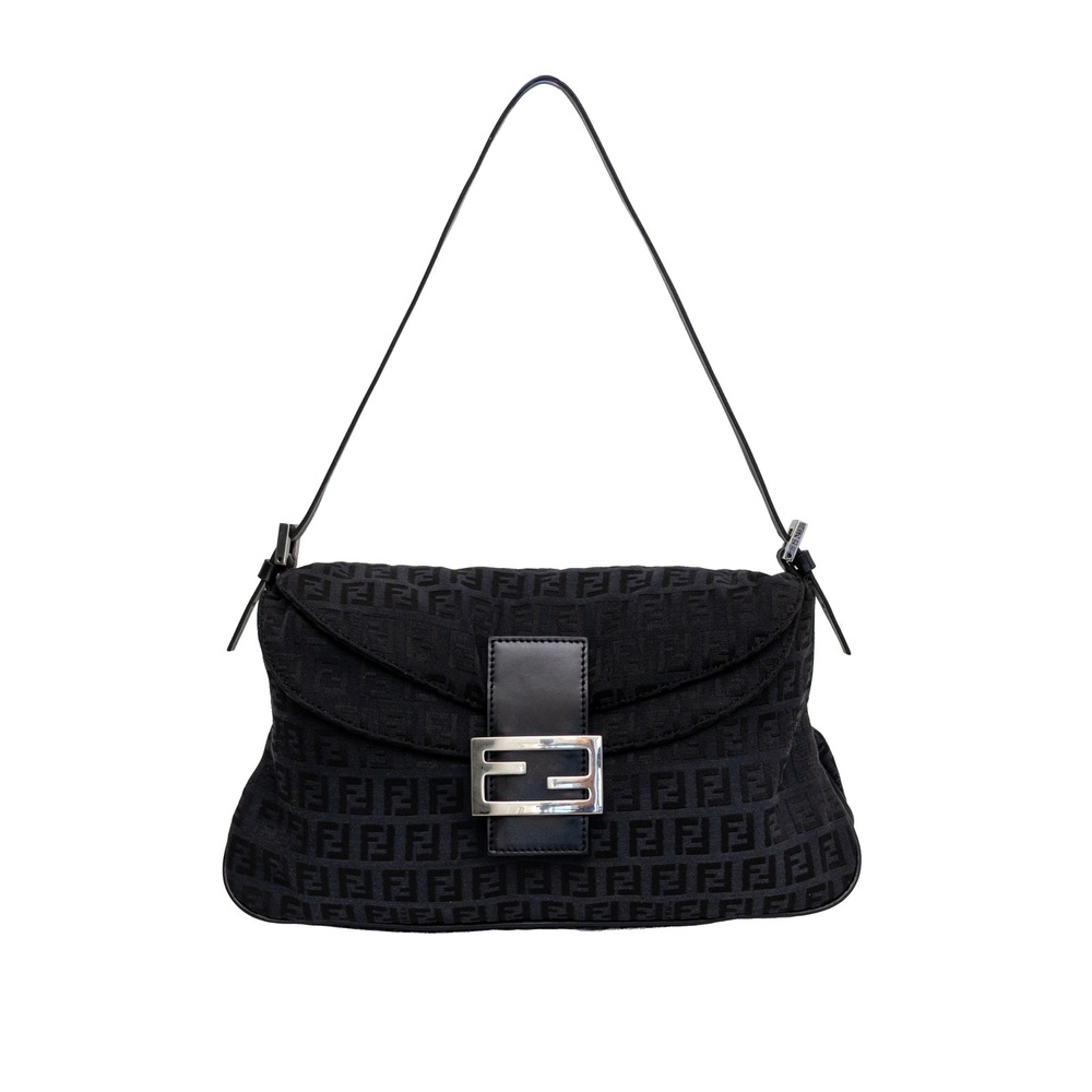 Fendi Mamma Baguette Black Zucca Canvas Shoulder Bag Double Flap FF Logo Vintage